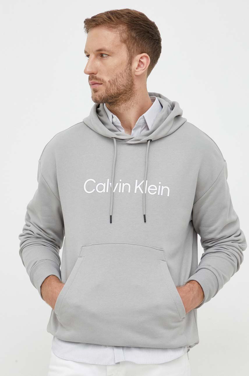 Bavlněná mikina Calvin Klein pánská, šedá barva, s kapucí, s aplikací - šedá - 100 % Bavlna
