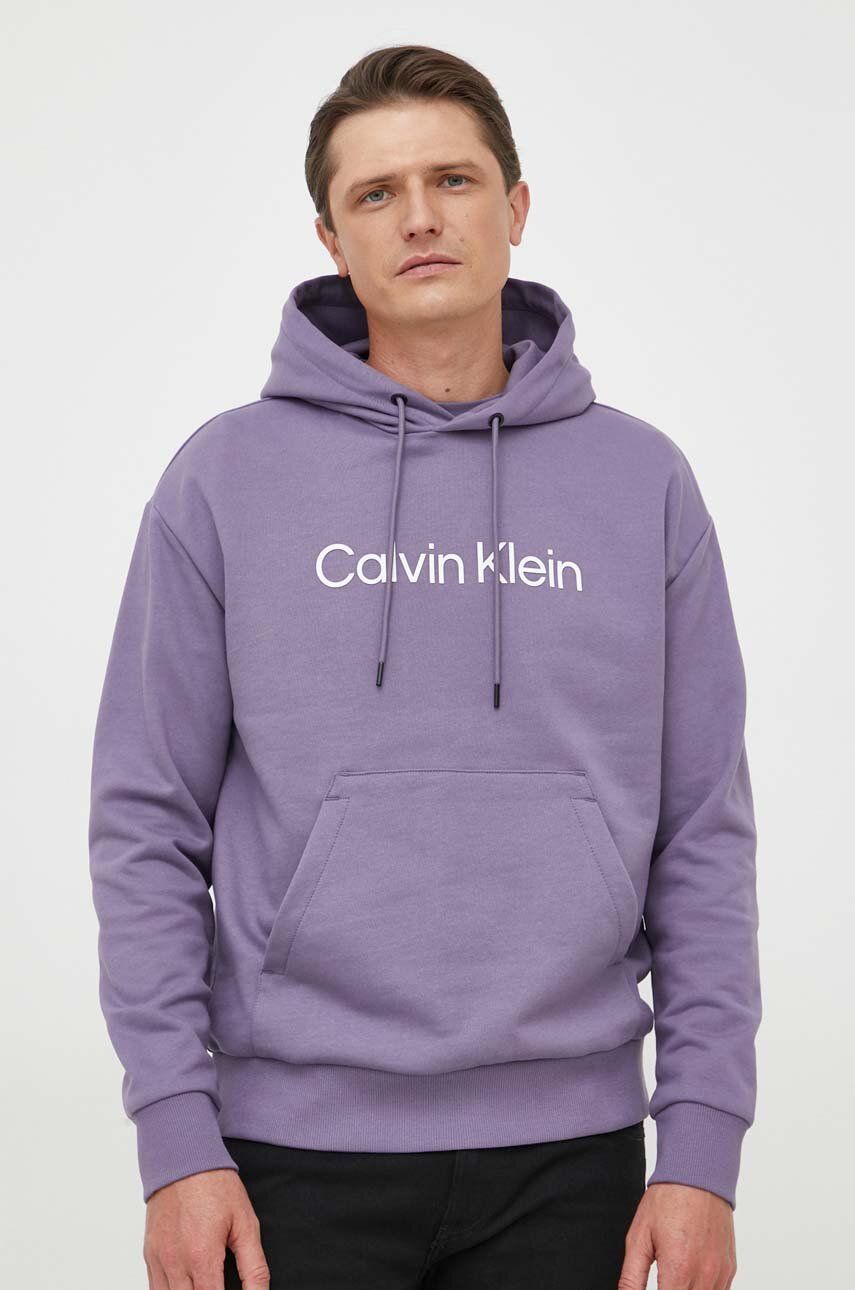 Levně Bavlněná mikina Calvin Klein pánská, fialová barva, s kapucí, s aplikací
