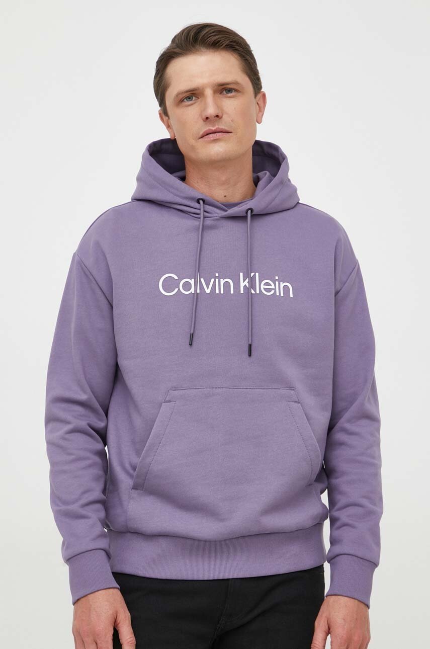 Bavlněná mikina Calvin Klein pánská, fialová barva, s kapucí, s aplikací