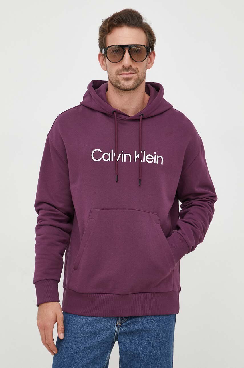 Bavlněná mikina Calvin Klein pánská, fialová barva, s kapucí, s aplikací - fialová - 100 % Bavlna