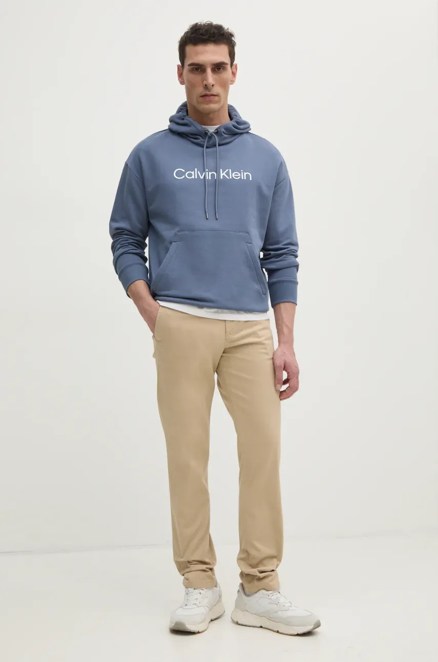 Хлопковая кофта Calvin Klein мужская цвет бежевый с капюшоном с аппликацией K10K111345 Хлопковая кофта Calvin Klein мужская цвет бежевый с капюшоном с аппликацией K10K111345