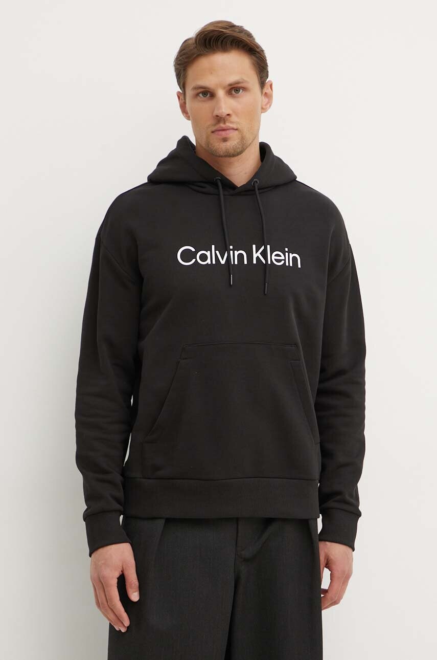 Levně Bavlněná mikina Calvin Klein pánská, černá barva, s kapucí, s aplikací