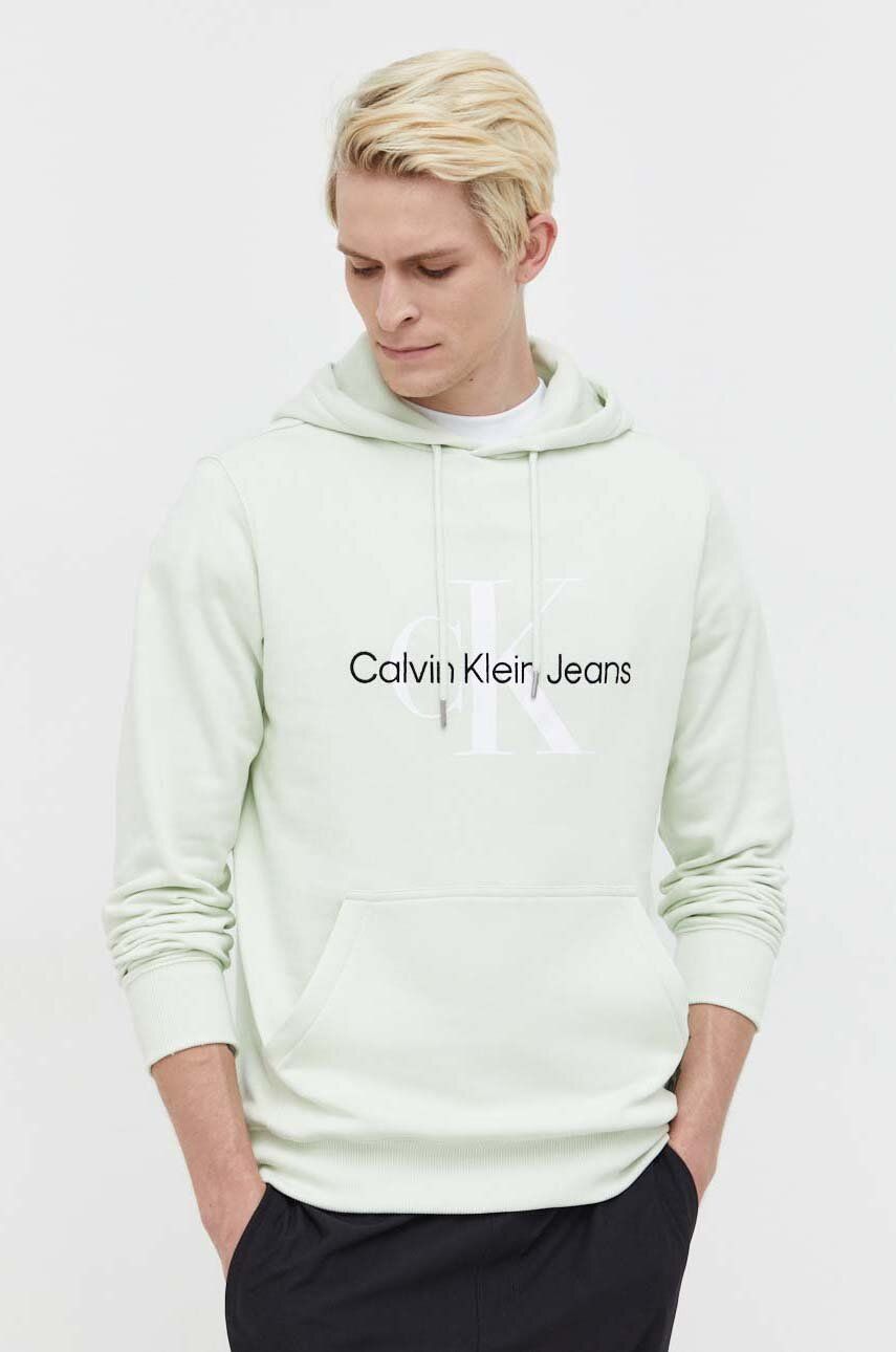 Levně Bavlněná mikina Calvin Klein Jeans pánská, zelená barva, s kapucí, s potiskem, J30J320805