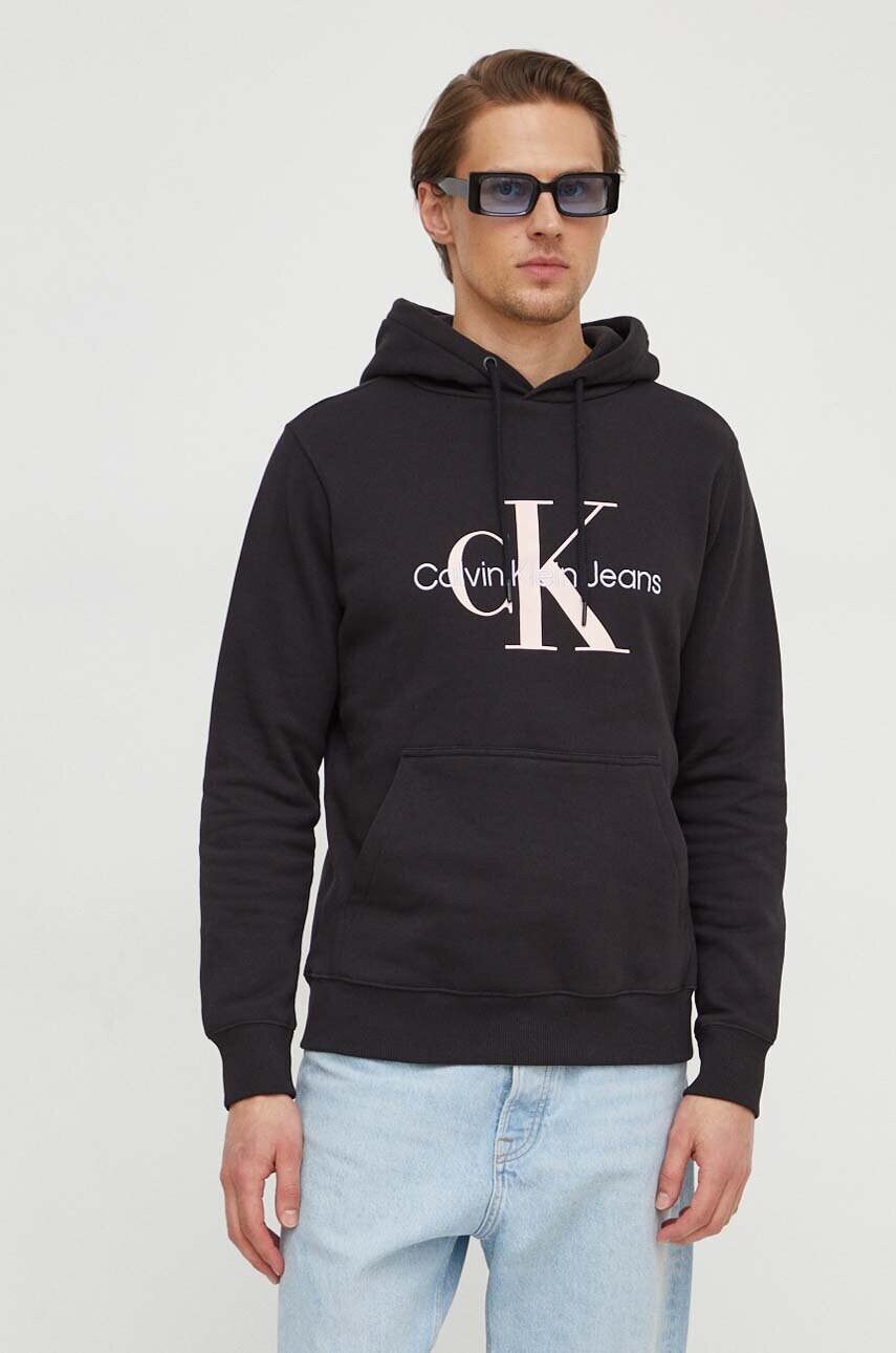 Levně Bavlněná mikina Calvin Klein Jeans pánská, černá barva, s kapucí, s potiskem, J30J320805