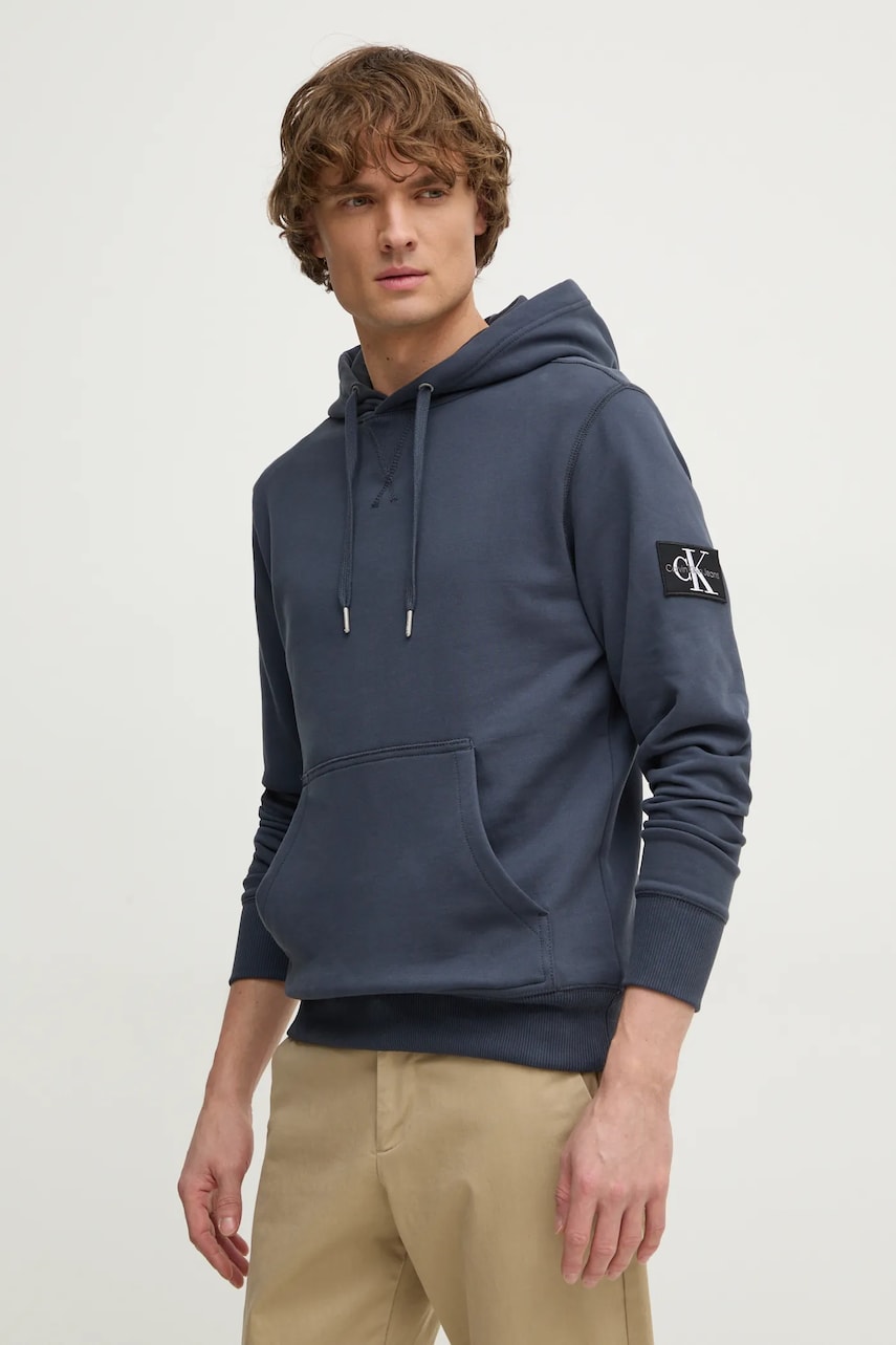 Bavlněná mikina Calvin Klein Jeans pánská, oranžová barva, s kapucí, s aplikací, J30J323430