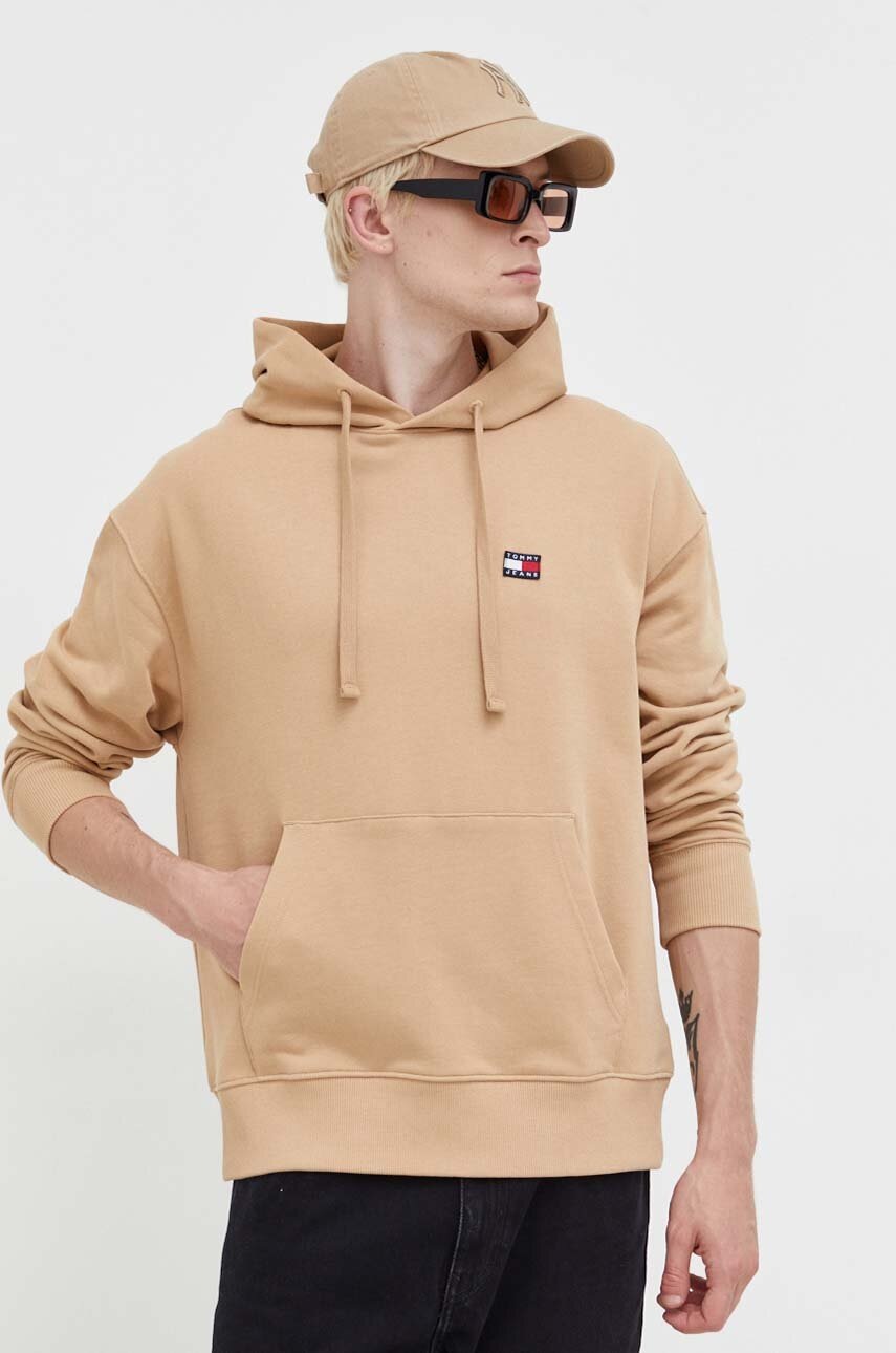 

Хлопковая кофта Tommy Jeans мужская цвет бежевый с капюшоном с аппликацией