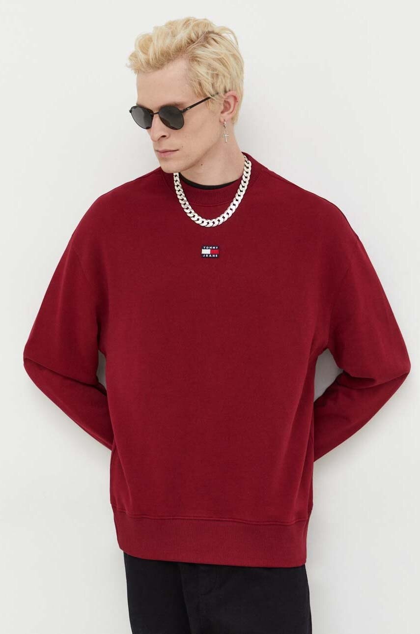 Tommy Jeans hanorac de bumbac barbati, culoarea bordo, neted