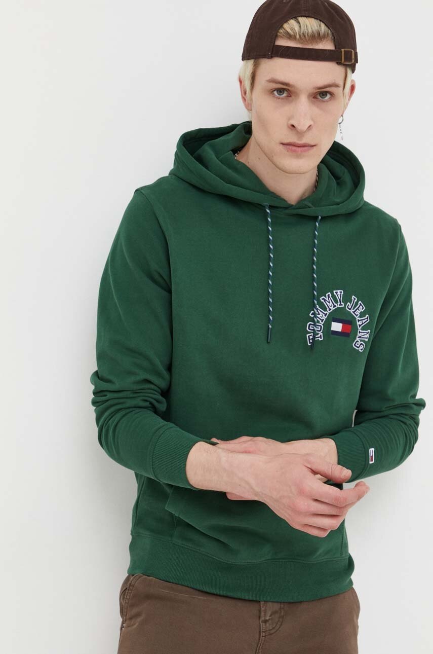 

Кофта Tommy Jeans мужская цвет зелёный с капюшоном с аппликацией