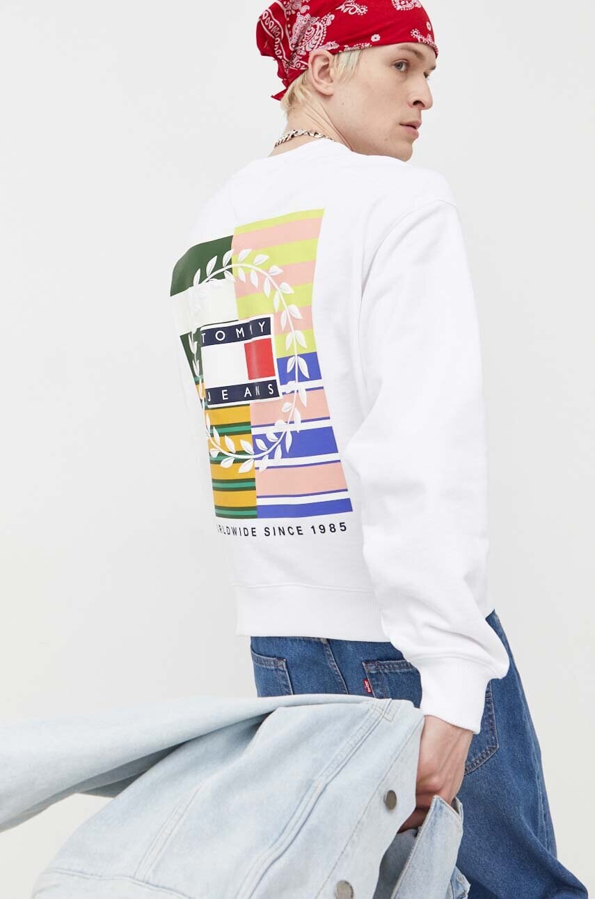 

Памучен суичър Tommy Jeans в бяло с принт, Бял