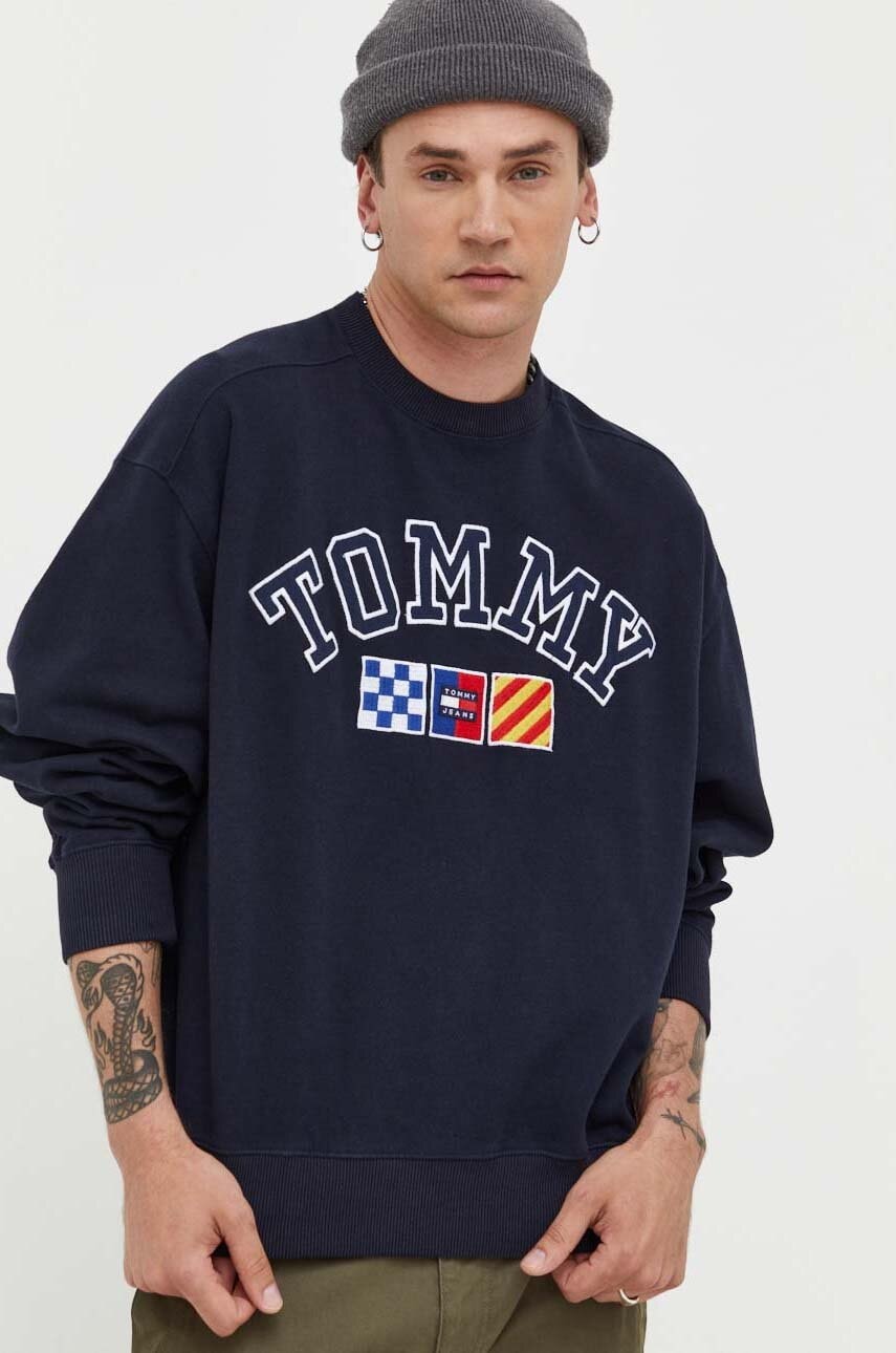 Levně Bavlněná mikina Tommy Jeans pánská, tmavomodrá barva, melanžová