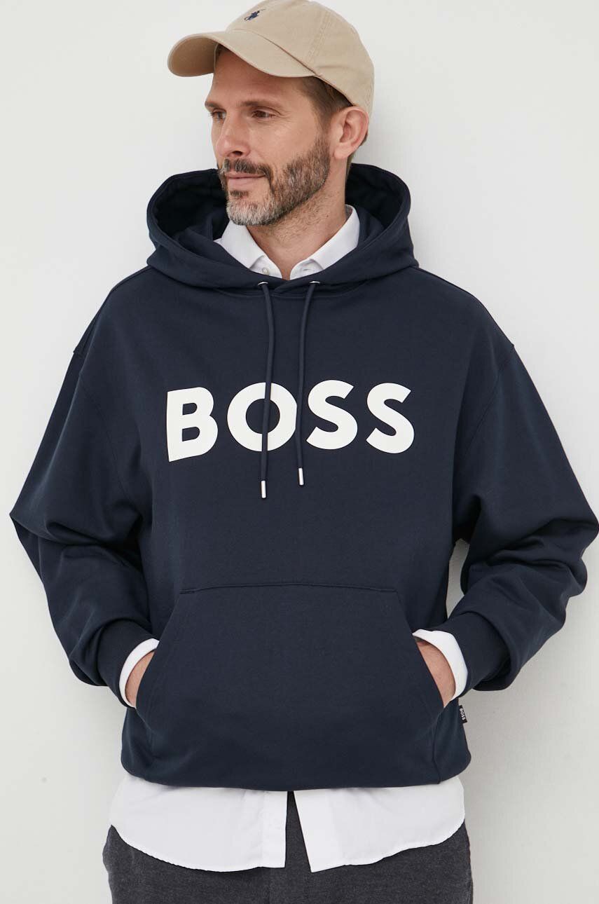 Boss Hanorac De Bumbac Barbati, Culoarea Albastru Marin, Cu Gluga, Cu Imprimeu