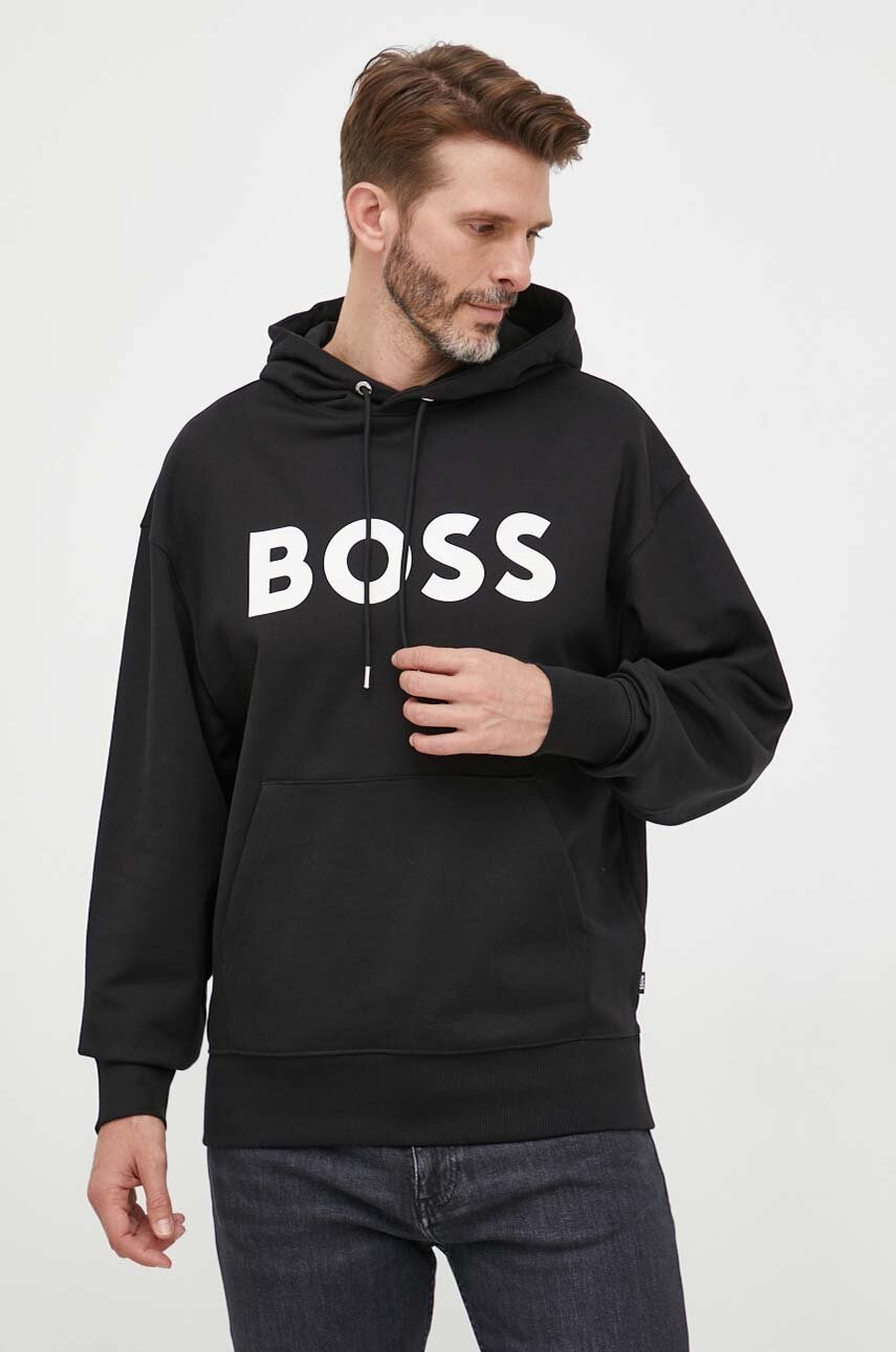 BOSS hanorac de bumbac bărbați, culoarea negru, cu glugă, imprimeu 50496661