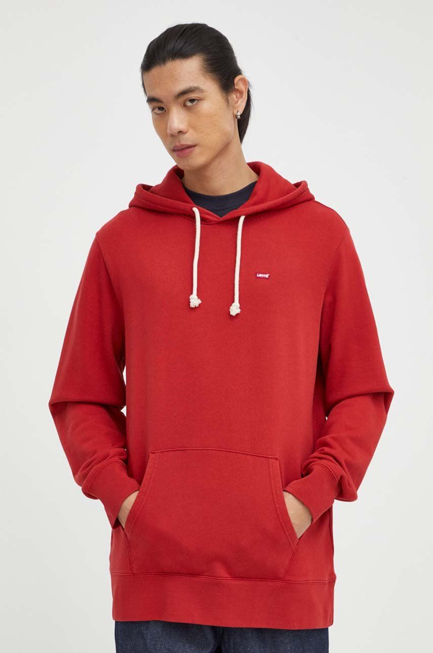 Bavlněná mikina Levi′s pánská, červená barva, s kapucí, hladká - červená - 100 % Bavlna