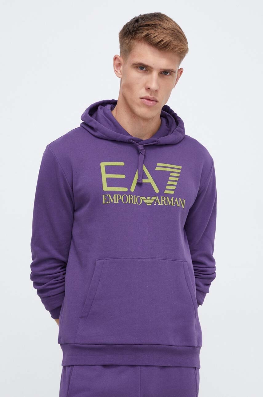 Levně Bavlněná mikina EA7 Emporio Armani pánská, fialová barva, s kapucí, s potiskem