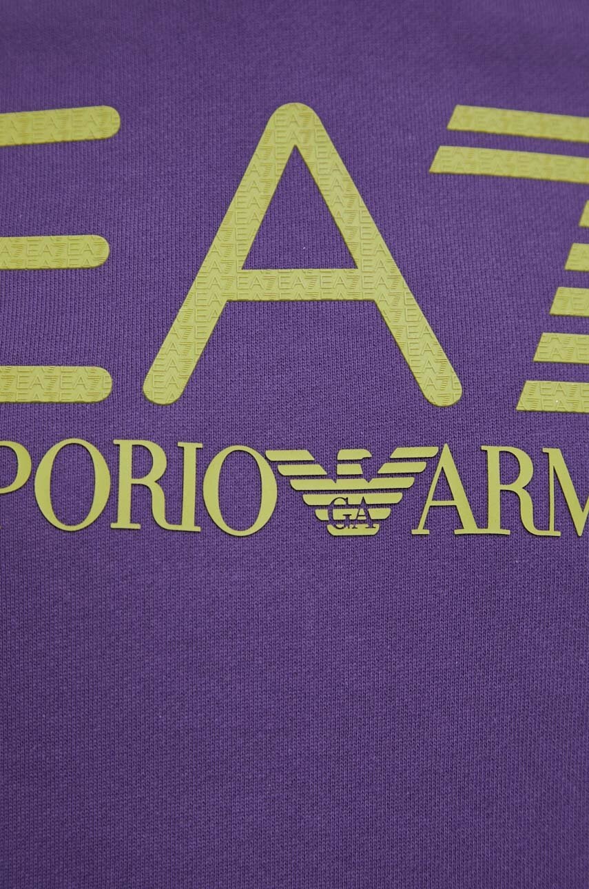 Бавовняна кофта EA7 Emporio Armani чоловіча колір фіолетовий з капюшоном з принтом 