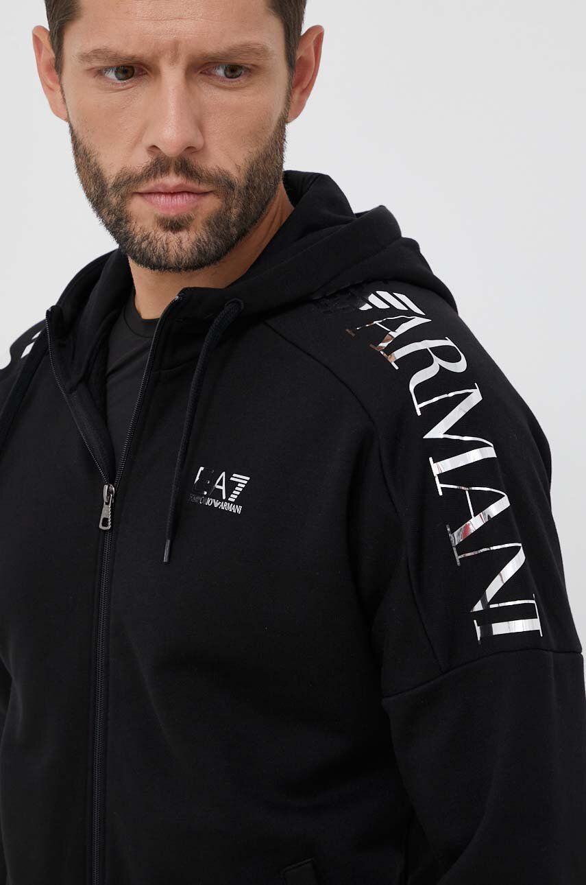 Mikina EA7 Emporio Armani pánská, černá barva, s kapucí, s potiskem - černá -  Hlavní materiál: