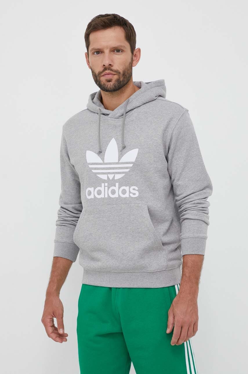 Levně Bavlněná mikina adidas Originals pánská, šedá barva, s kapucí, vzorovaná