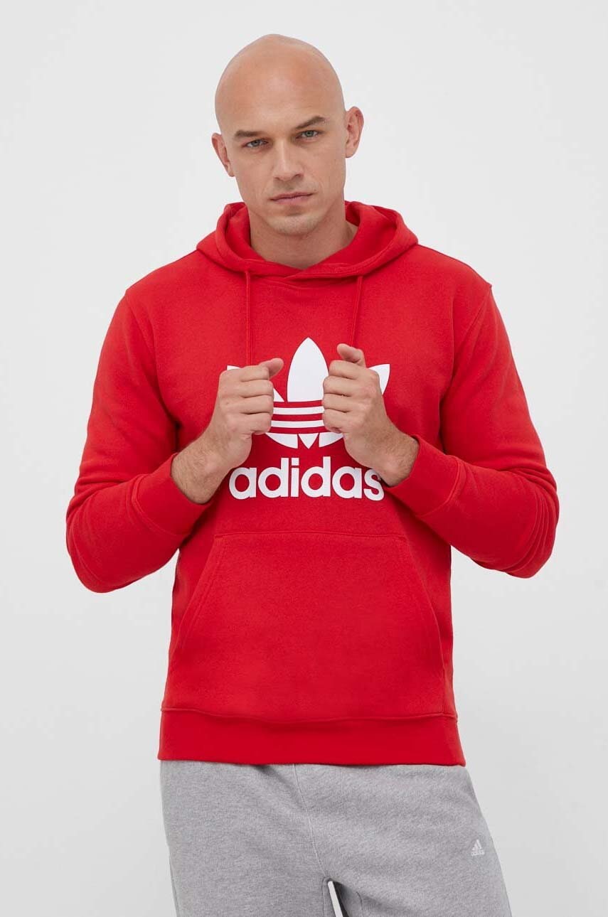 Adidas Originals Hanorac De Bumbac Barbati, Culoarea Rosu, Cu Gluga, Cu Imprimeu