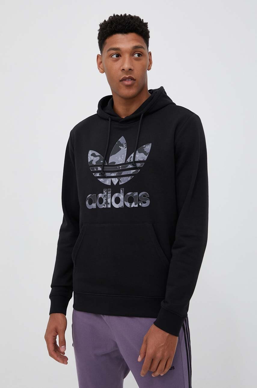 Adidas Originals Bluza Barbati, Culoarea Negru, Cu Gluga, Cu Imprimeu