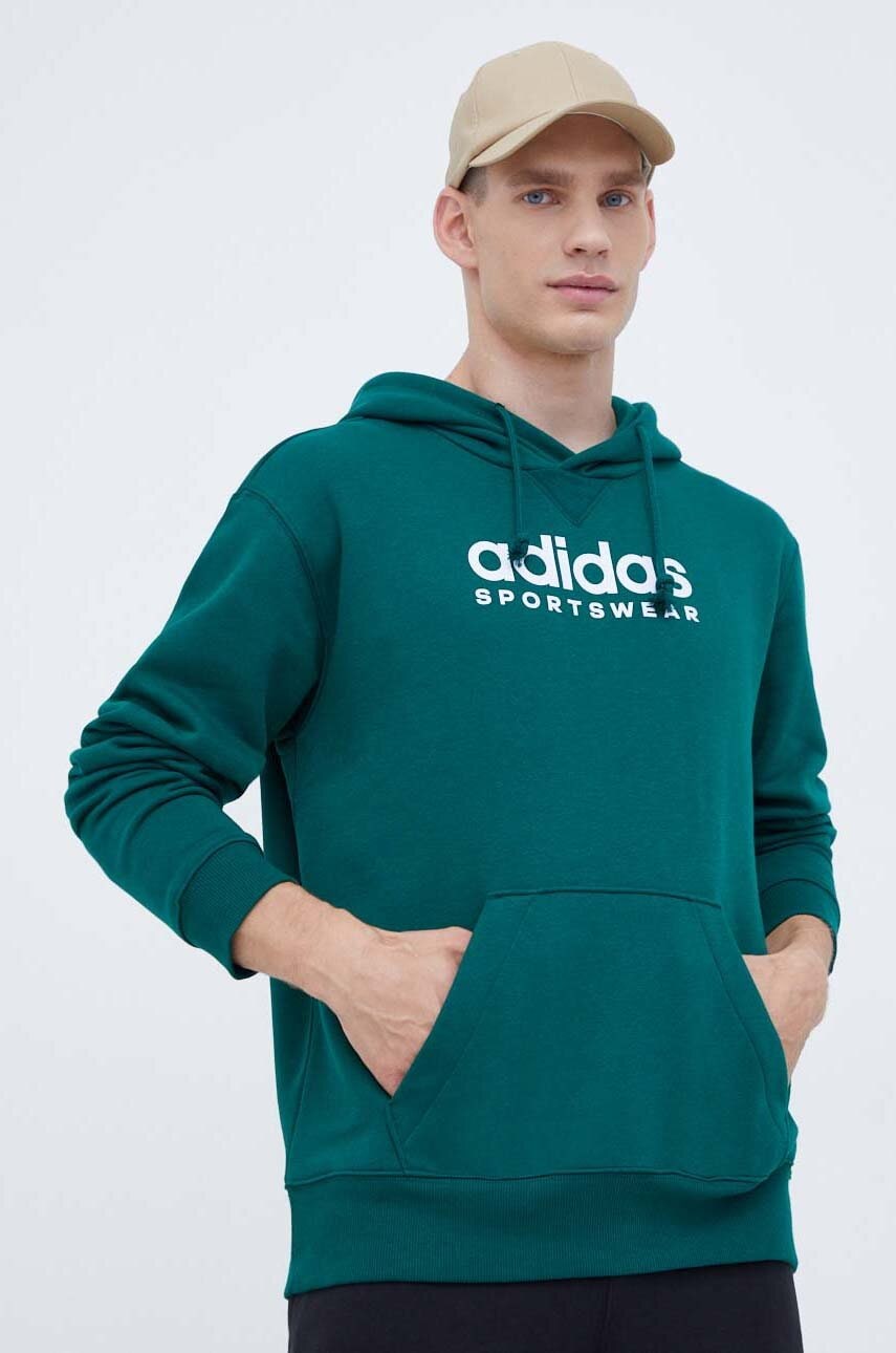 Levně Mikina adidas pánská, zelená barva, s kapucí, s aplikací