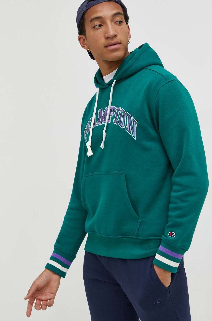 Mikina Champion pánská, zelená barva, s kapucí, s aplikací