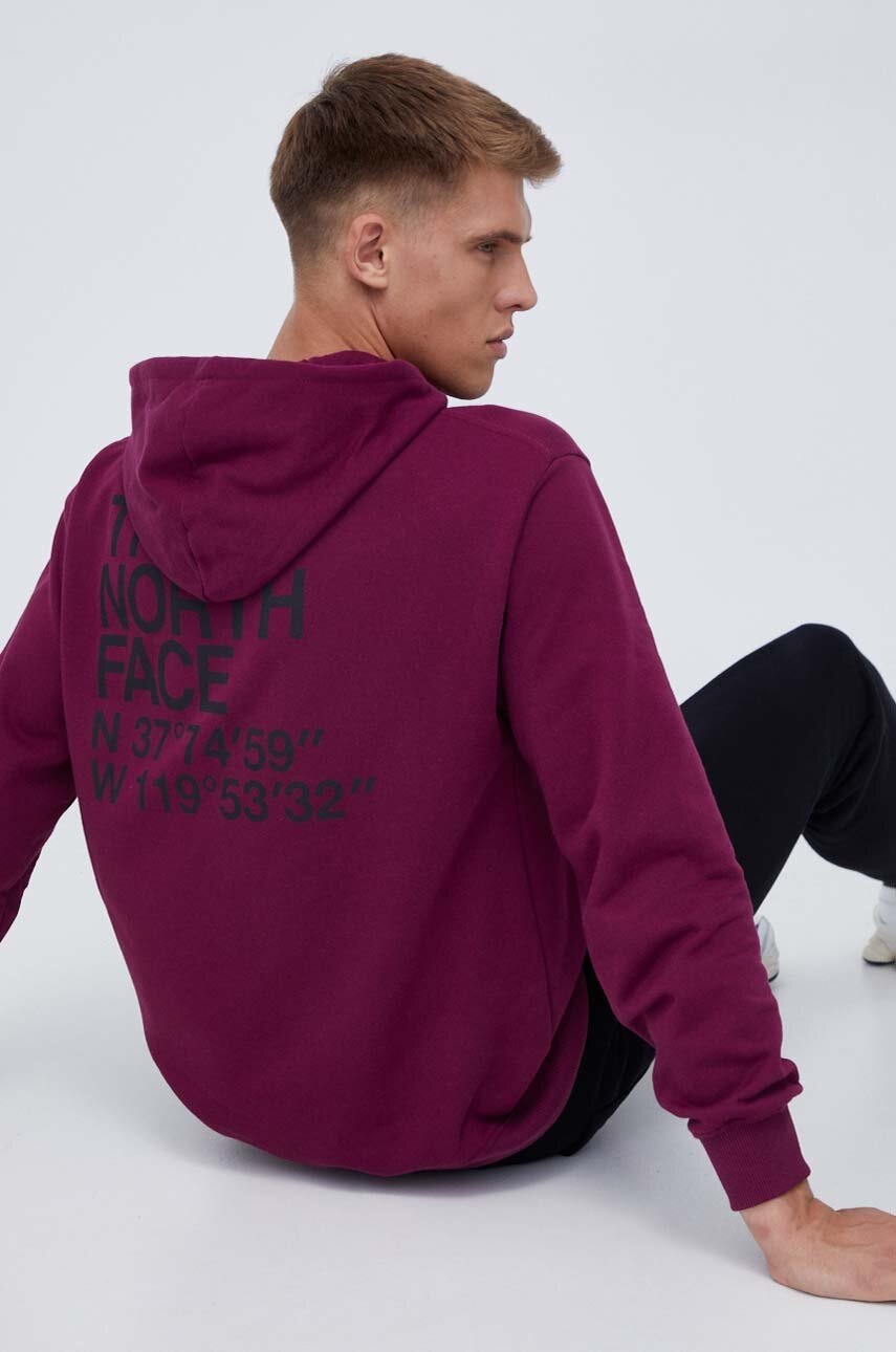 

Памучен суичър The North Face в бордо с качулка с изчистен дизайн