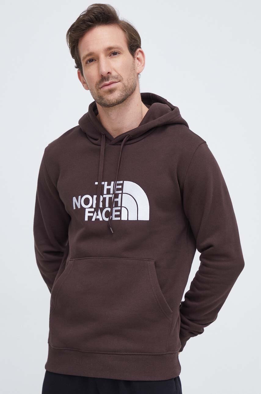 Bavlněná mikina The North Face Drew Peak Hoodie pánská, hnědá barva, s kapucí, s aplikací, NF00AHJYI