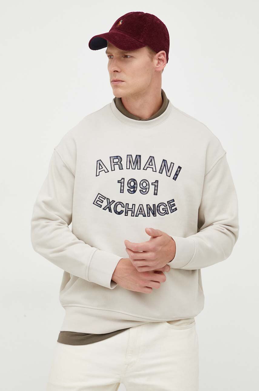Bavlněná mikina Armani Exchange pánská, béžová barva, s aplikací