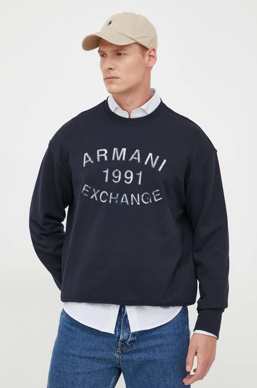 Bavlněná mikina Armani Exchange pánská, tmavomodrá barva, s aplikací - námořnická modř -  Hlavn