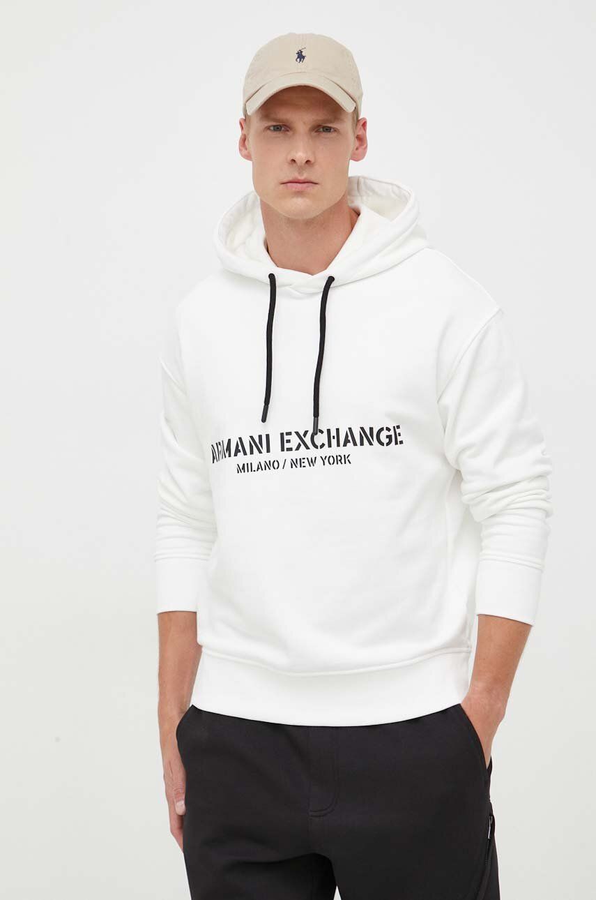 Bavlněná mikina Armani Exchange pánská, béžová barva, s kapucí, s potiskem - béžová -  Hlavní m