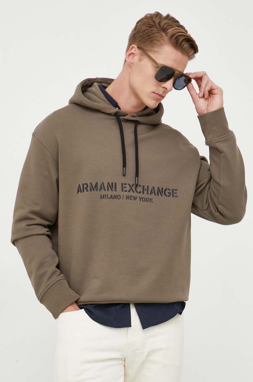 Armani Exchange Hanorac De Bumbac Barbati, Culoarea Verde, Cu Gluga, Cu Imprimeu