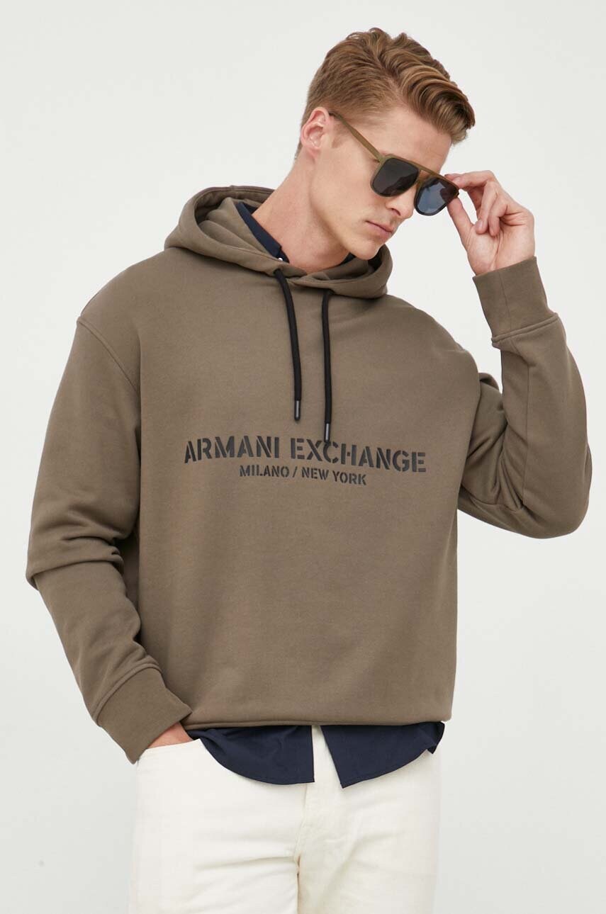 Levně Bavlněná mikina Armani Exchange pánská, zelená barva, s kapucí, s potiskem