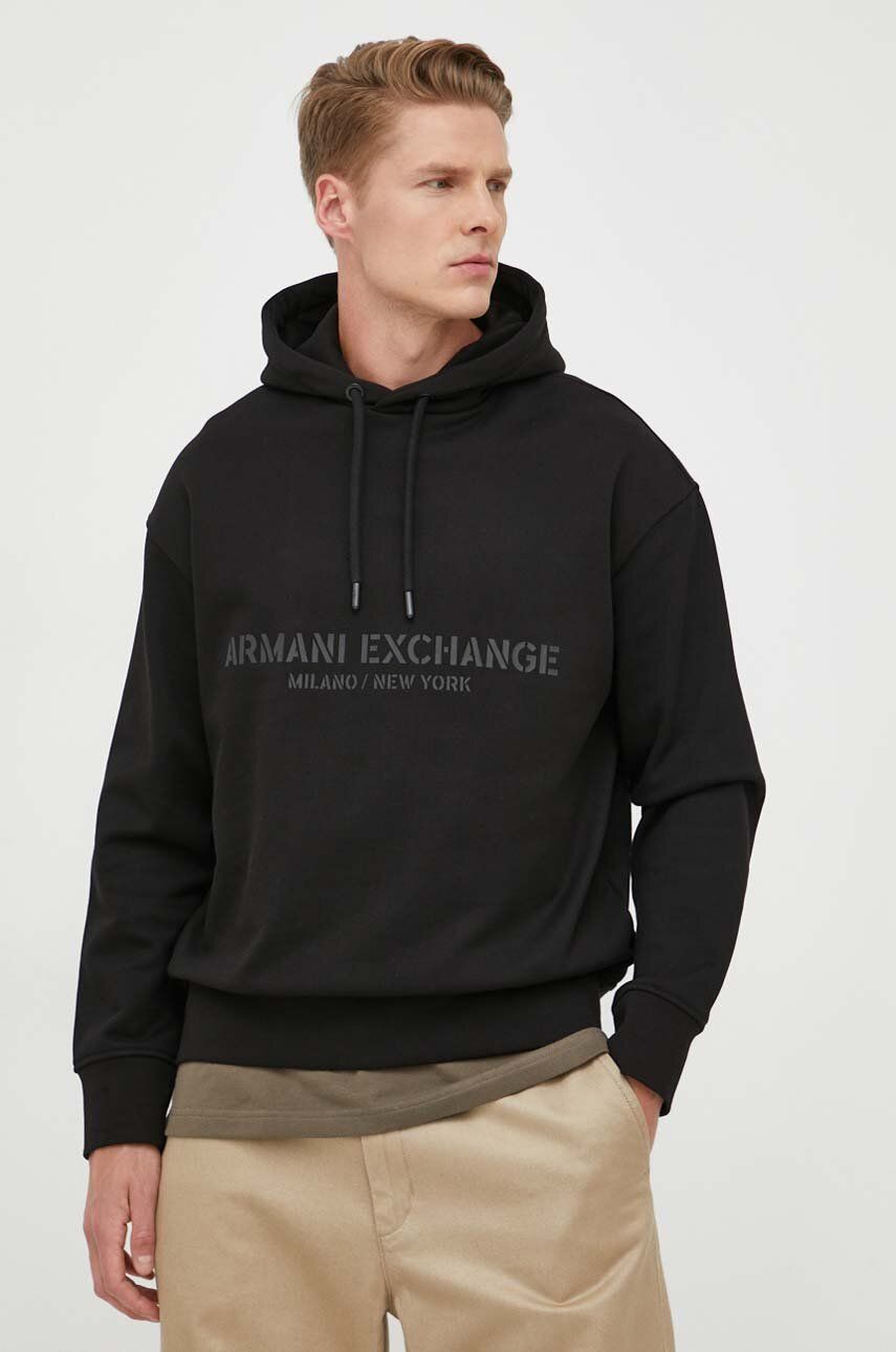 Levně Bavlněná mikina Armani Exchange pánská, černá barva, s kapucí, s potiskem