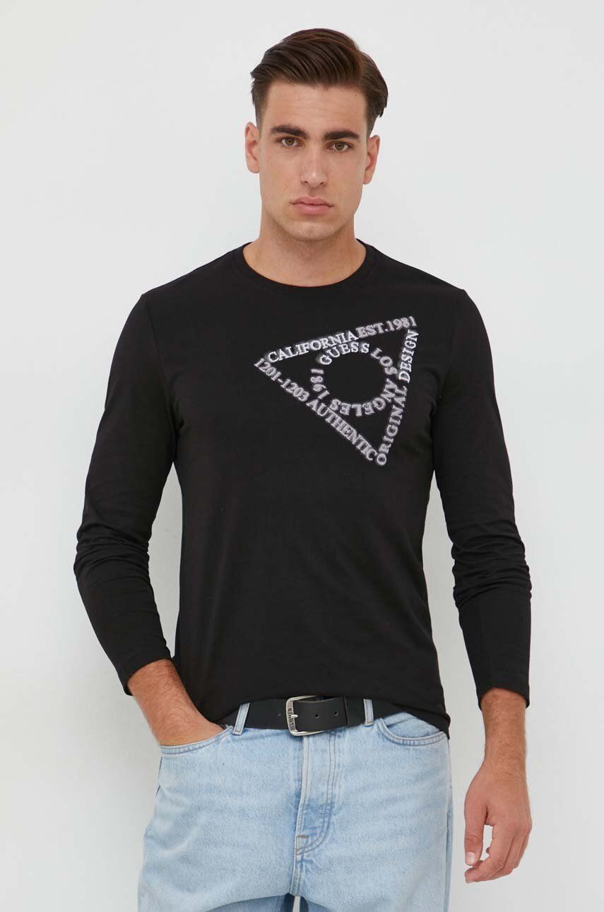 Bavlněné tričko s dlouhým rukávem Guess černá barva, s potiskem - černá - 100 % Bavlna