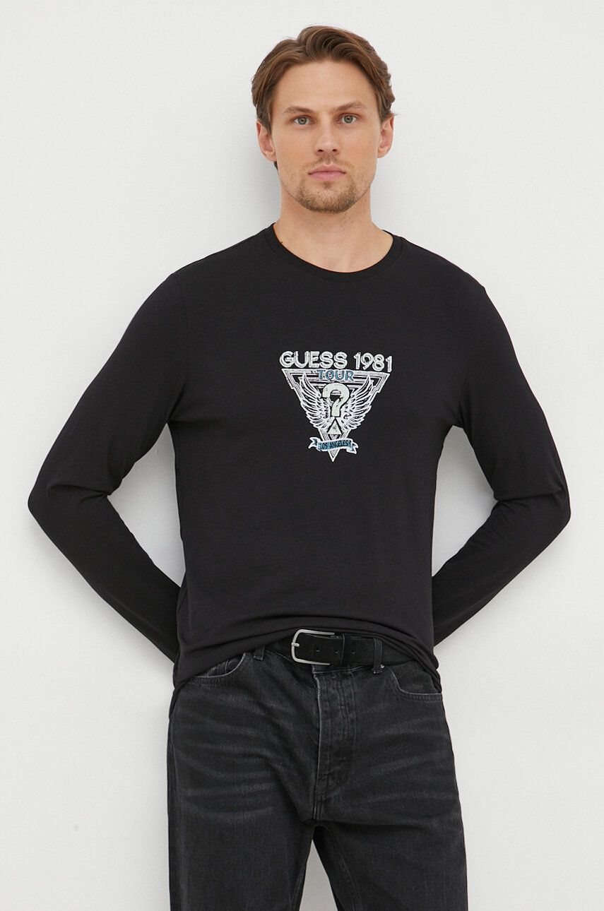Tričko s dlouhým rukávem Guess černá barva, s potiskem - černá - 95 % Bavlna
