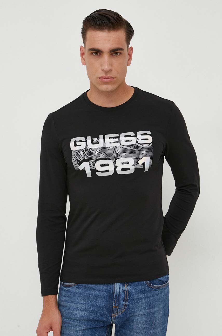 

Лонгслів Guess чоловічий колір чорний з принтом