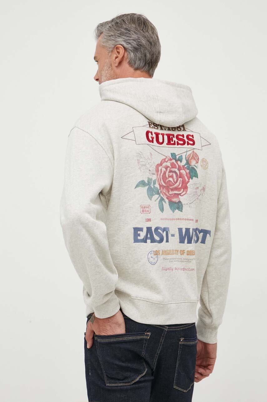 

Суичър Guess в бежово с качулка с принт, Бежов