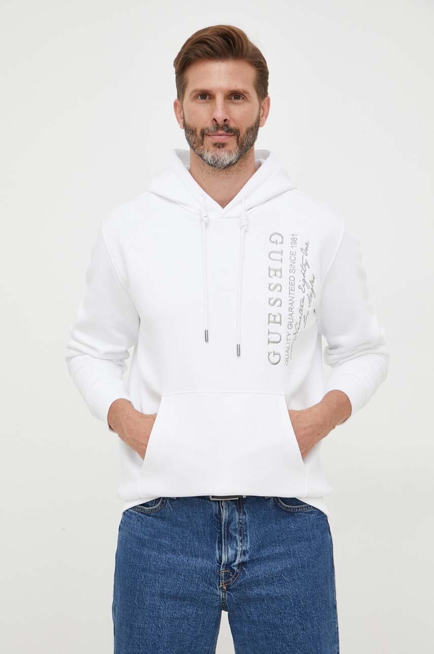 

Кофта Guess мужская цвет белый с капюшоном с аппликацией