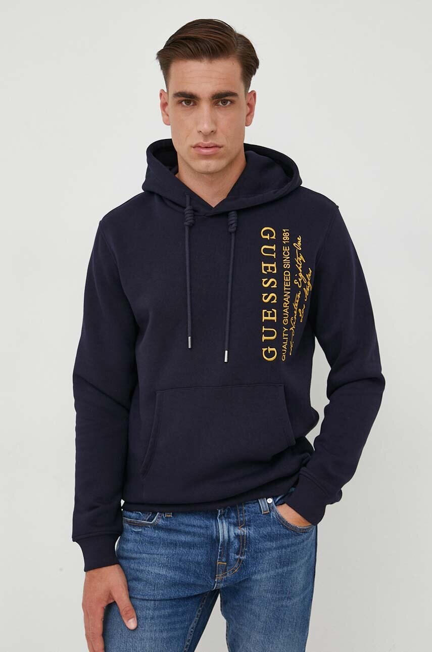 

Кофта Guess мужская цвет синий с капюшоном с аппликацией