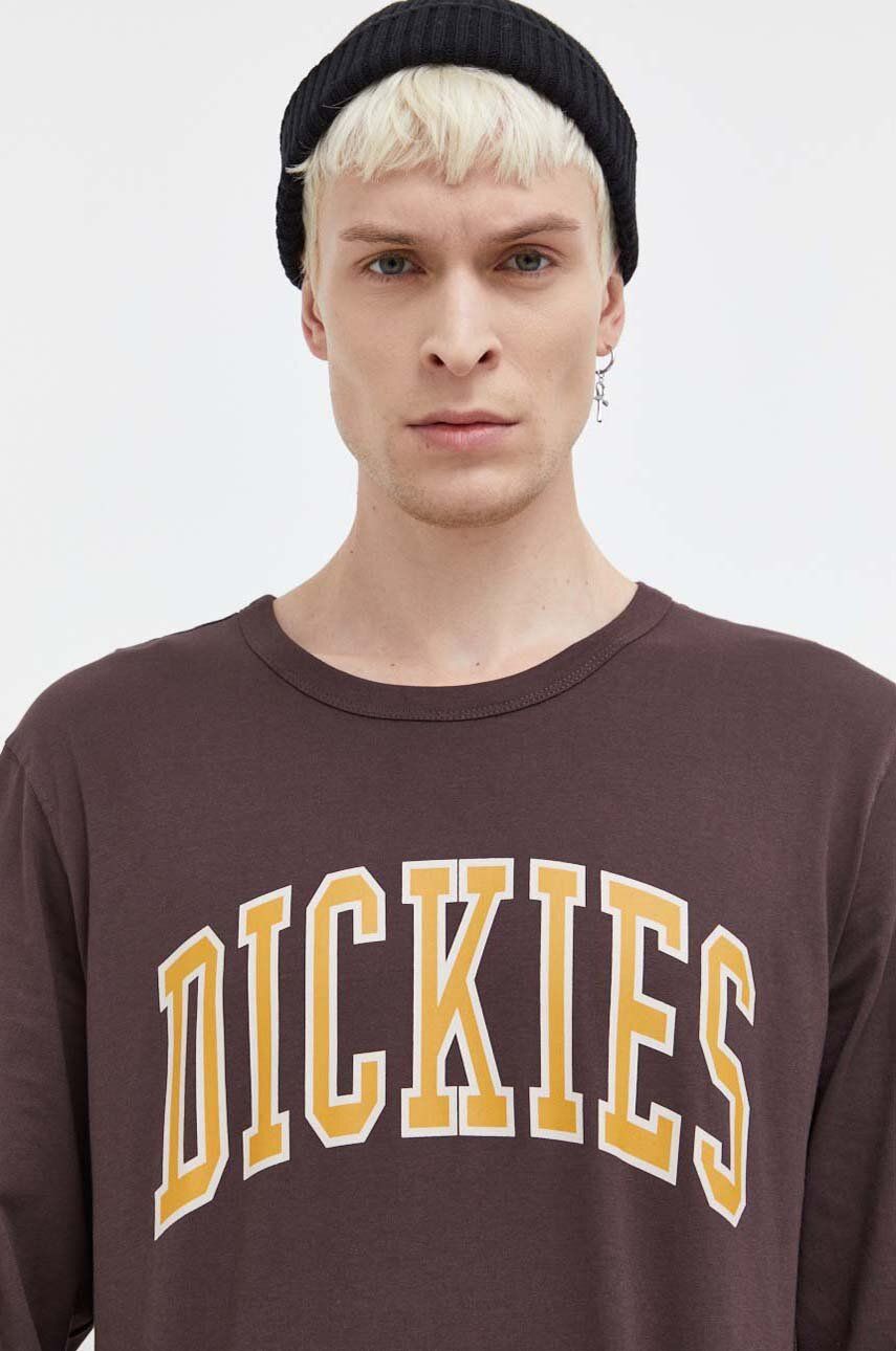 E-shop Bavlněné tričko s dlouhým rukávem Dickies hnědá barva, s potiskem