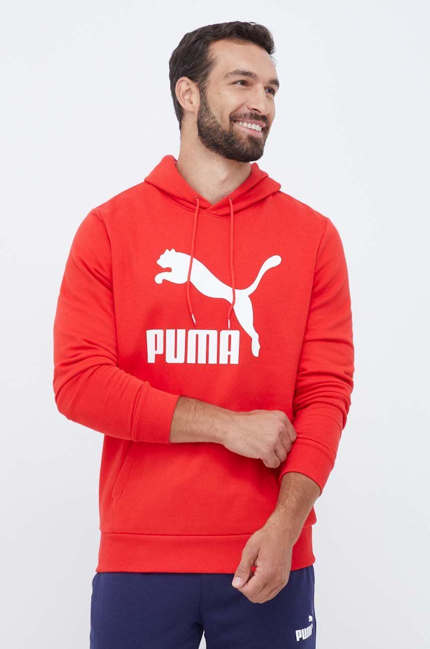 Bavlněná mikina Puma pánská, červená barva, s kapucí, s potiskem