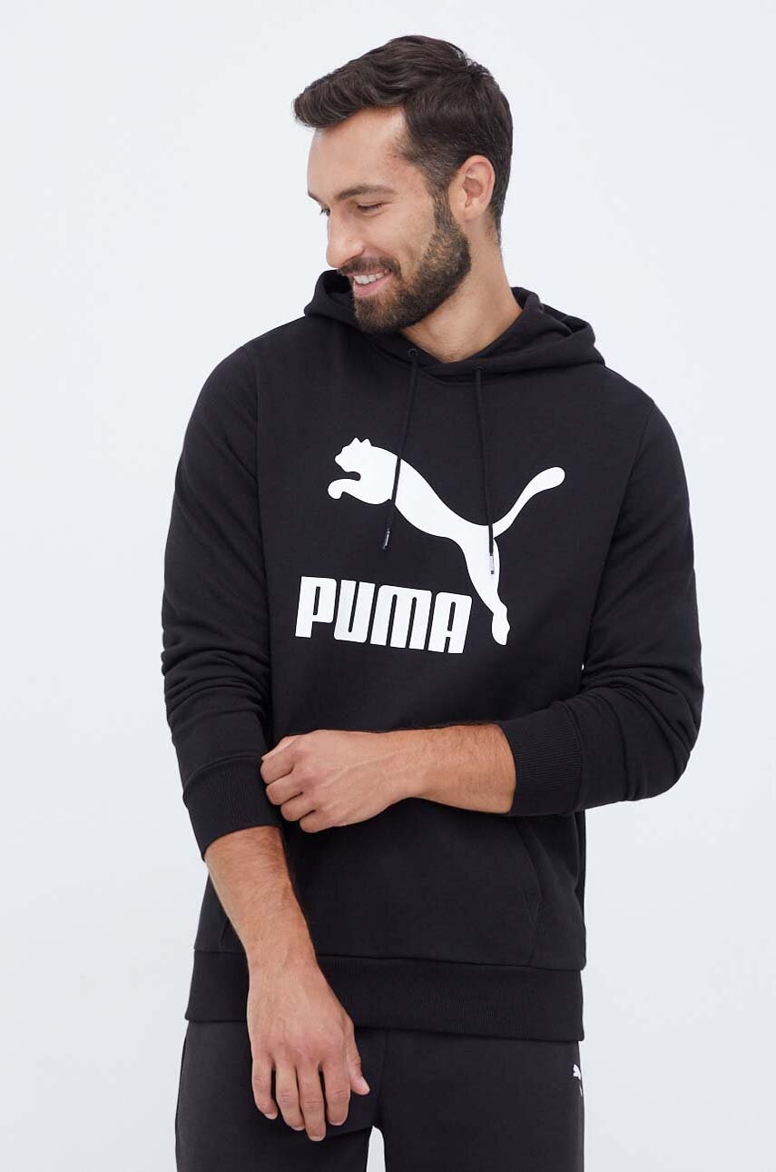 Puma hanorac de bumbac barbati, culoarea negru, cu glugă, cu imprimeu