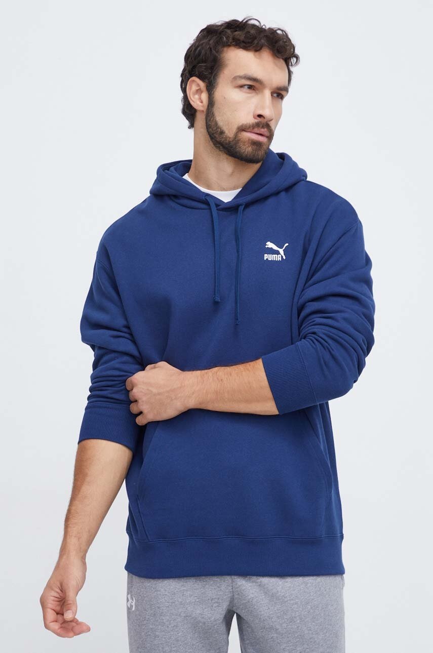 Puma hanorac de bumbac barbati, culoarea albastru marin, cu glugă, cu imprimeu