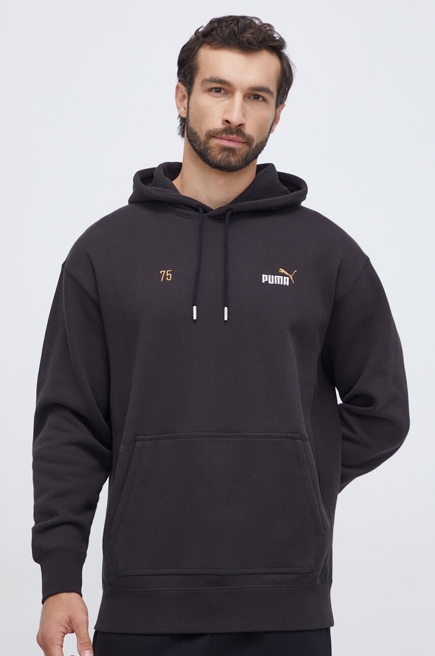 Puma hanorac de bumbac barbati, culoarea negru, cu glugă, cu imprimeu