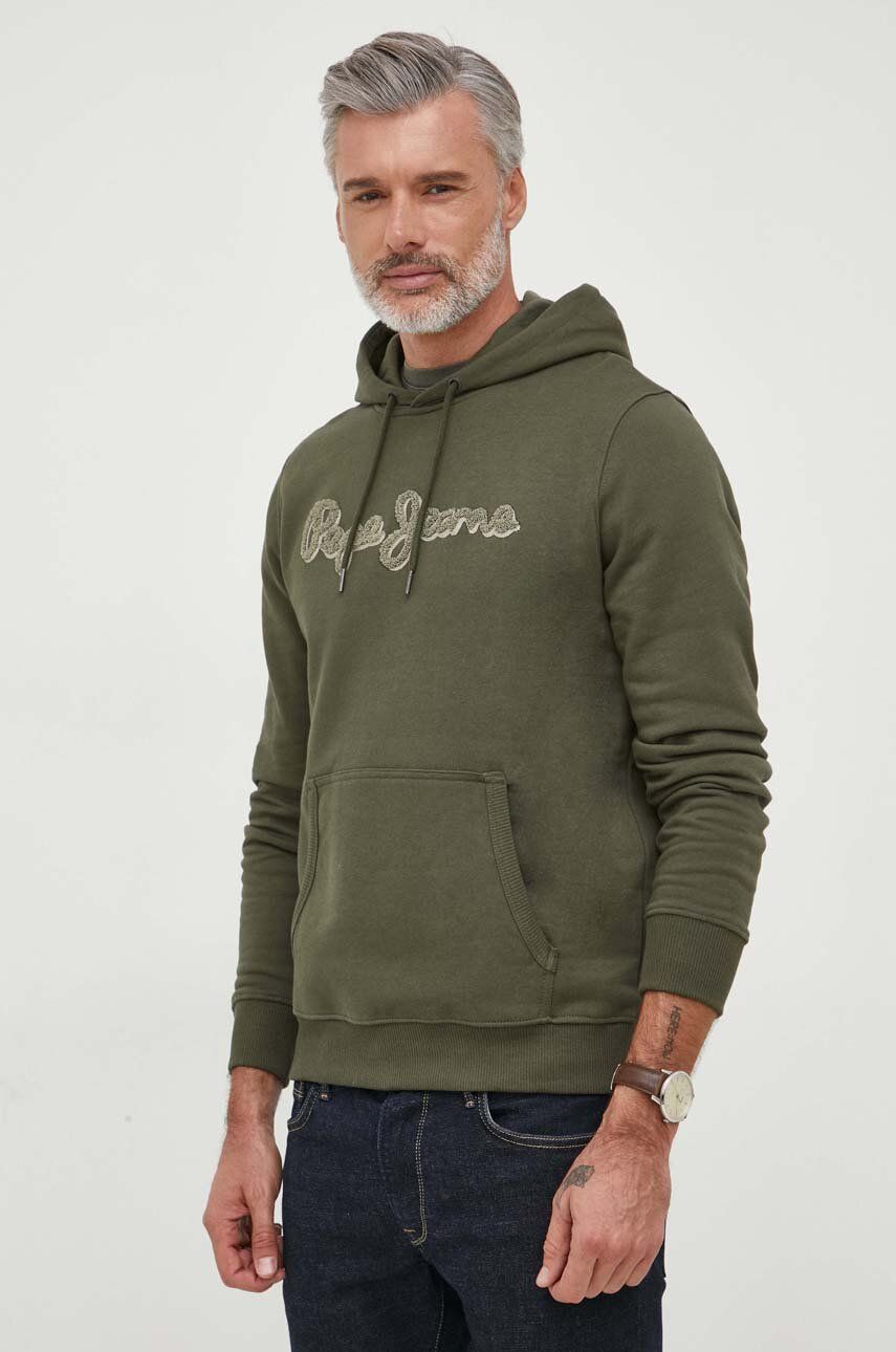 Pepe Jeans hanorac de bumbac RYAN barbati, culoarea verde, cu glugă, cu imprimeu