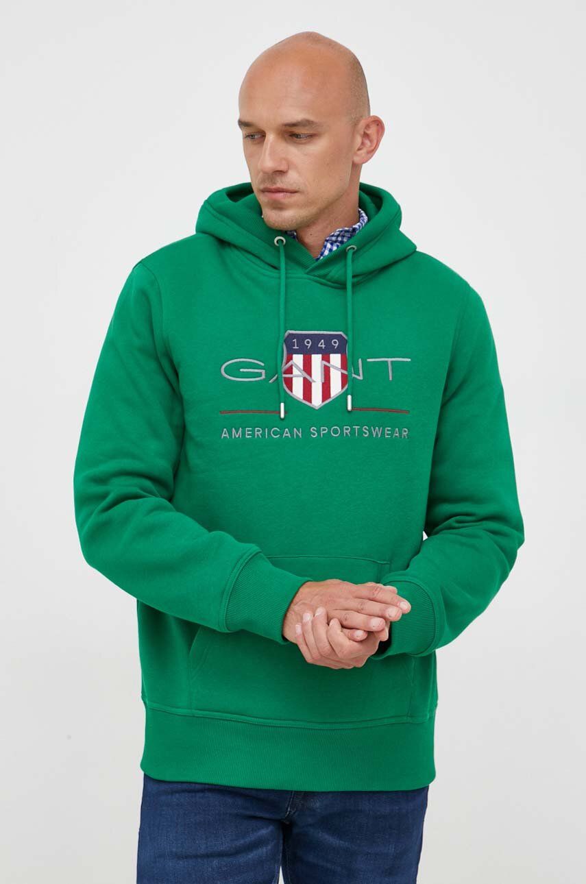 Gant bluza barbati, culoarea verde, cu glugă, cu imprimeu