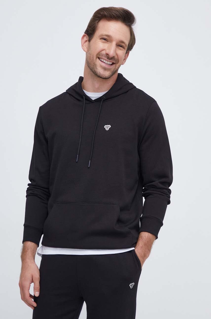Hummel hanorac de bumbac barbati, culoarea negru, cu glugă, neted