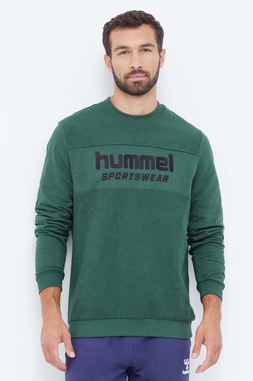 E-shop Bavlněná mikina Hummel pánská, zelená barva, s aplikací