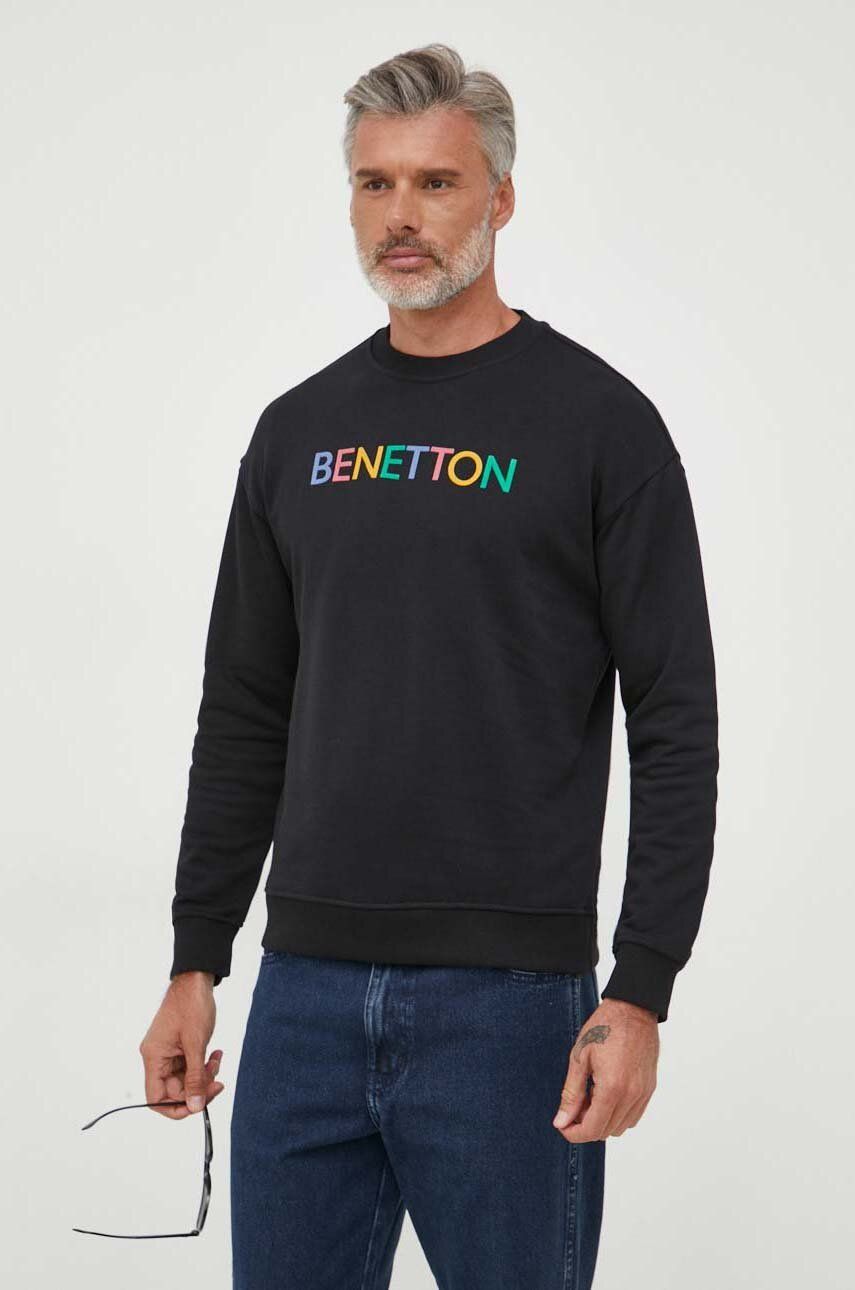 United Colors of Benetton hanorac de bumbac barbati, culoarea negru, cu imprimeu