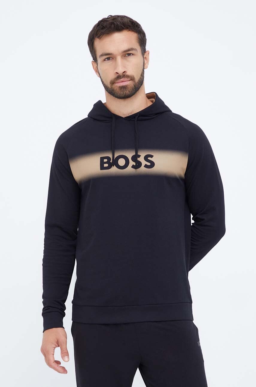 

Домашен суичър от памук BOSS в черно с качулка с принт, Черен